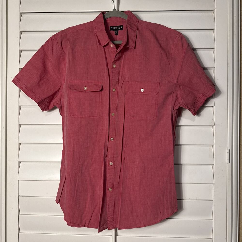 Express Short Sleeve Button Down Small Coral Pink 100% Cotton Dual Pocket